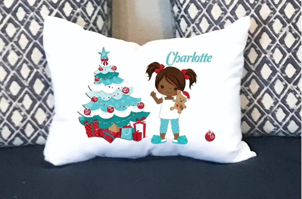 Personalized Kreation Christmas Decor Dark Skin And Hair Christmas Morning Girl Pillowcase | Personalized Pillow | Customize Holiday Pillowcase