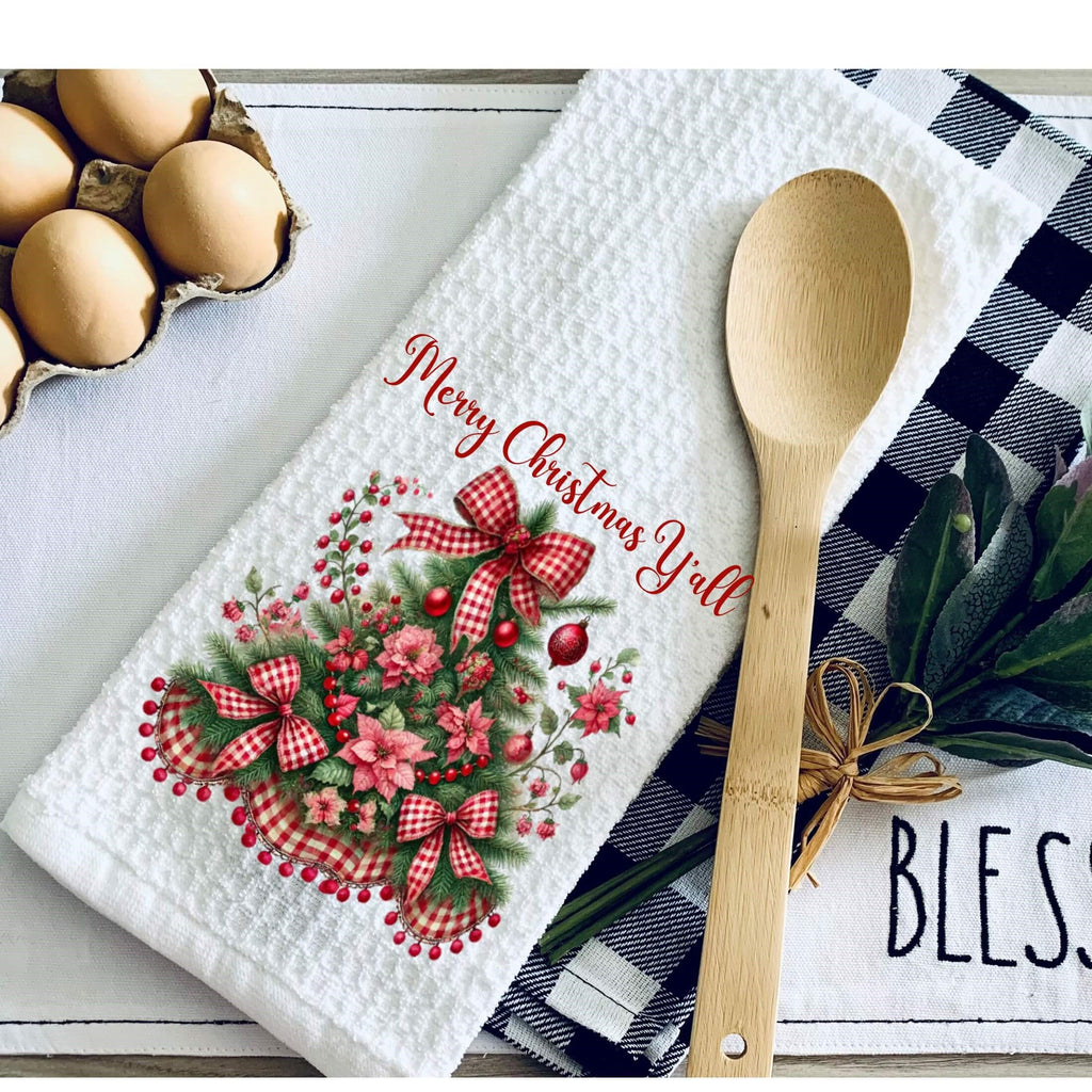 Festive Christmas kitchen towel featuring a beautifully decorated Christmas tree with red gingham bows, poinsettias, and holly berries. Made from high-quality microfiber waffle weave fabric, this absorbent and quick-drying towel adds a rustic farmhouse charm to holiday decor. Perfect for festive kitchen styling, holiday baking, and gifting Personalized Kreation