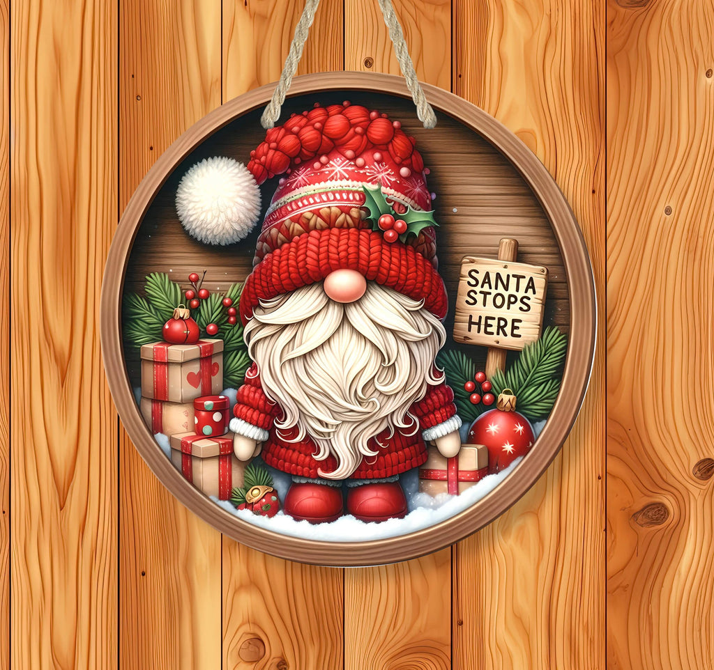 Santa Stops Here Gnome Door Hanger | Holiday Gnome Decor | Cute Gnome Holiday Sign
