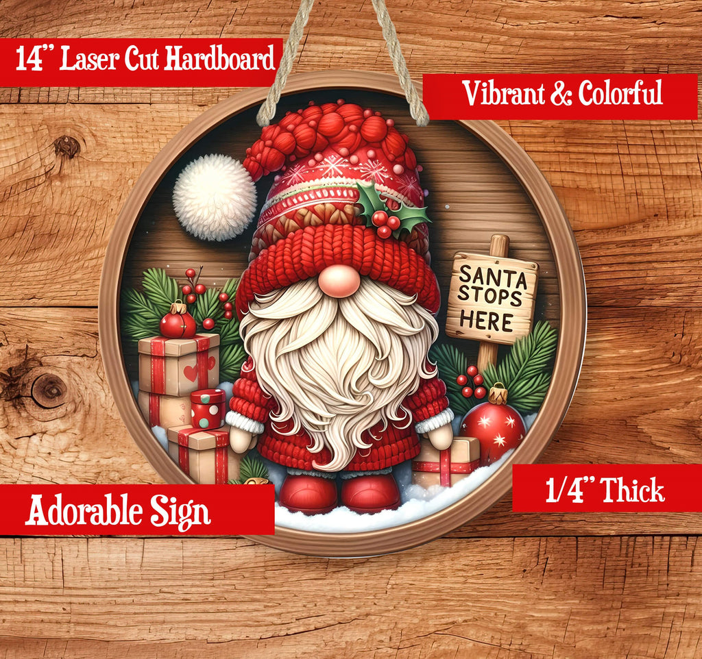 Santa Stops Here Gnome Door Hanger | Holiday Gnome Decor | Cute Gnome Holiday Sign