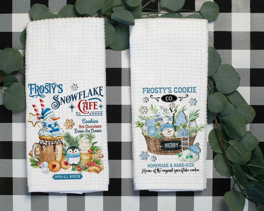 Personalized Kreation Christmas Decor Frostys Snowflake Cafe Christmas Vintage Cafe Kitchen Towel | Snowman Kitchen Linen | Holiday Dish Cloth