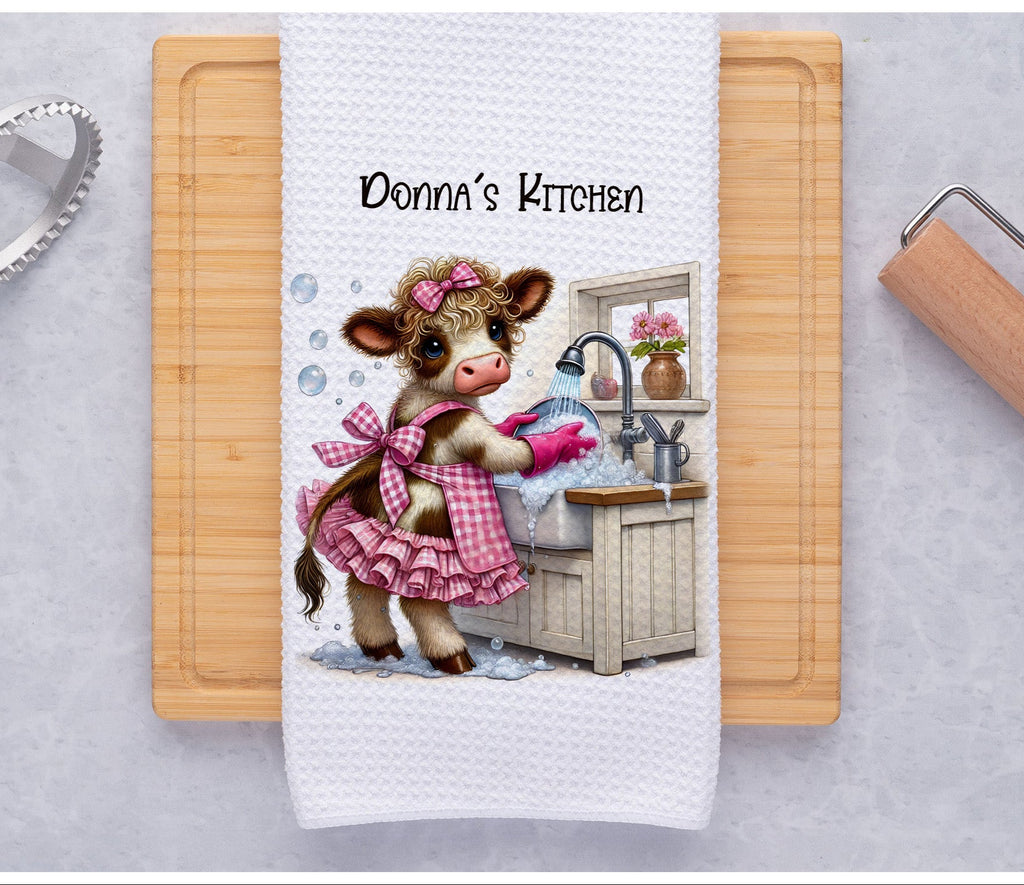 Adorable farmhouse kitchen towel featuring a cute cow washing dishes in a rustic country kitchen, perfect for farmhouse decor, country kitchens, and farm animal lovers. Soft, absorbent, and stylish dish towel for everyday use - Personalized Kreation