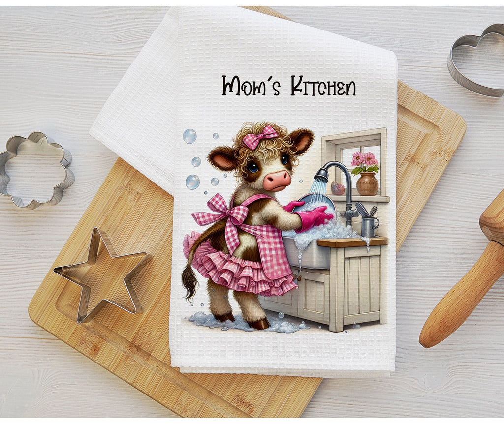 Adorable farmhouse kitchen towel featuring a cute cow washing dishes in a rustic country kitchen, perfect for farmhouse decor, country kitchens, and farm animal lovers. Soft, absorbent, and stylish dish towel for everyday use - Personalized Kreation