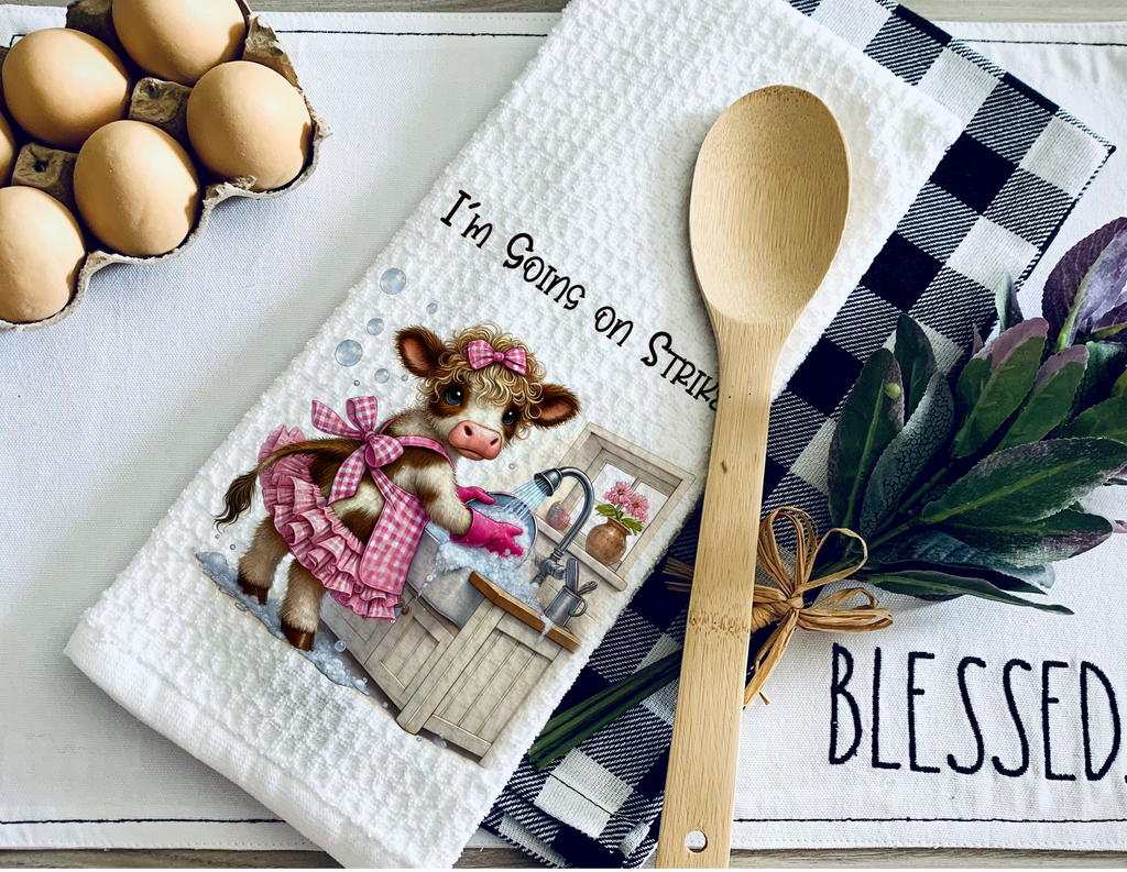Adorable farmhouse kitchen towel featuring a cute cow washing dishes in a rustic country kitchen, perfect for farmhouse decor, country kitchens, and farm animal lovers. Soft, absorbent, and stylish dish towel for everyday use - Personalized Kreaion