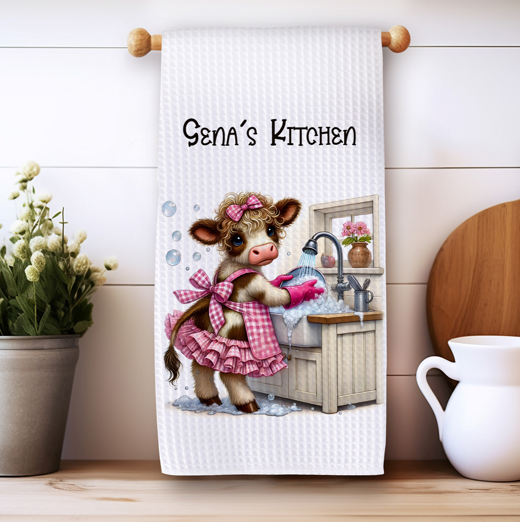 Adorable farmhouse kitchen towel featuring a cute cow washing dishes in a rustic country kitchen, perfect for farmhouse decor, country kitchens, and farm animal lovers. Soft, absorbent, and stylish dish towel for everyday use