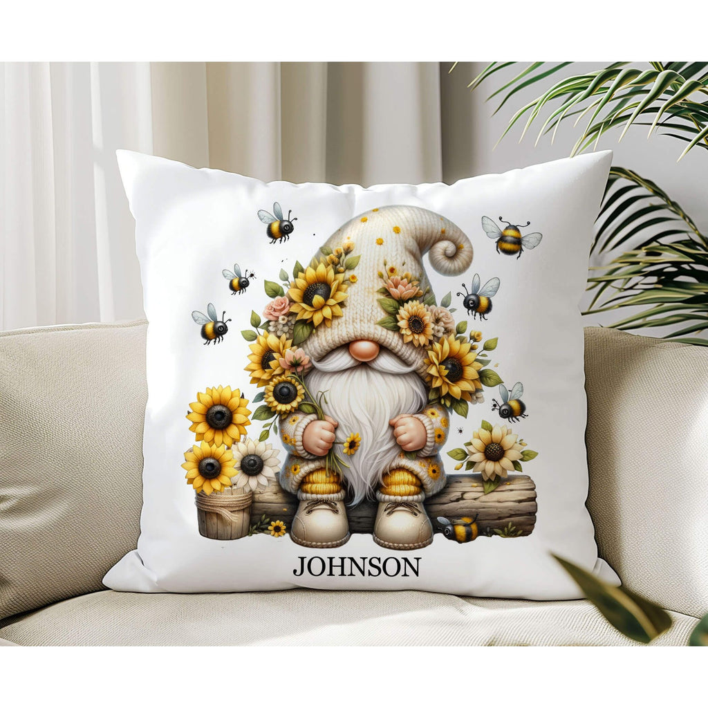 Personalized Sunflower Bee Gnome Pillow - Rustic Farmhouse Pillow - Cottagecore Home Decor - Personalized Kreation