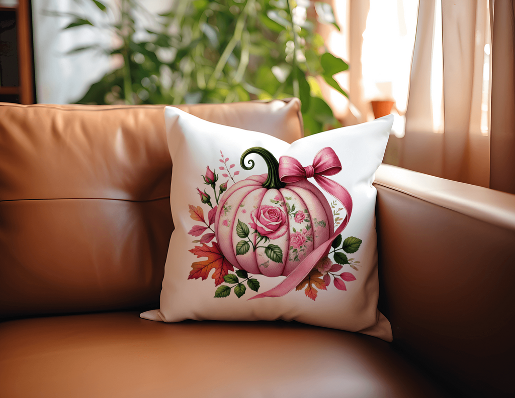 pink pumpkin floral pillow with vintage-inspired design featuring delicate roses and a charming ribbon, perfect for farmhouse fall decor, cozy home accents, and seasonal autumn styling - Personalized Kreation