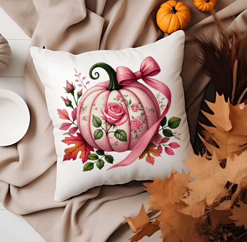 pink pumpkin floral pillow with vintage-inspired design featuring delicate roses and a charming ribbon, perfect for farmhouse fall decor, cozy home accents, and seasonal autumn styling - Personalized Kreation