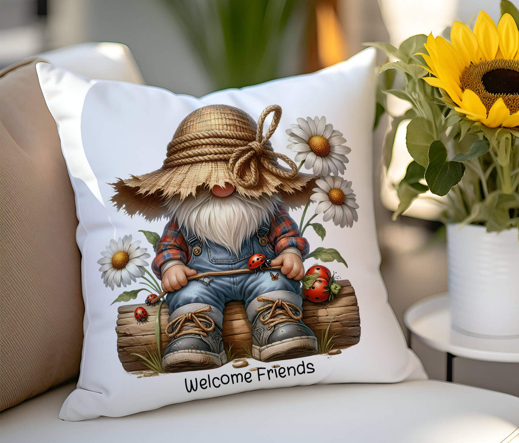 A farmhouse-style gnome pillow featuring a cute gnome with a rustic straw hat, sitting on a log, surrounded by daisies and ladybugs, with the text "Nature’s Little Wonders". The 18x18-inch pillow is available in white canvas or beige linen, with a hidden zipper closure, perfect for cottagecore, farmhouse, and nature-inspired home decor - Personalized Kreation