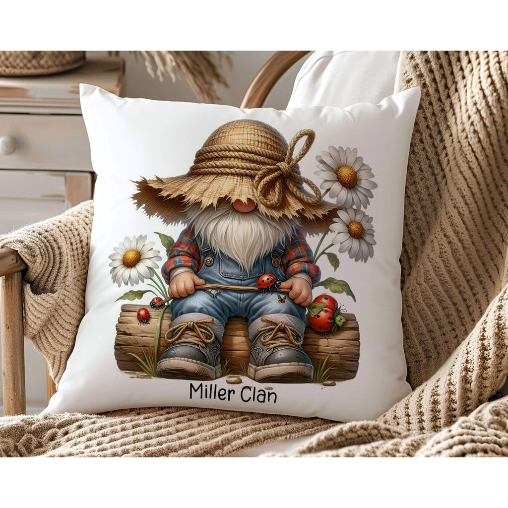 A farmhouse-style gnome pillow featuring a cute gnome with a rustic straw hat, sitting on a log, surrounded by daisies and ladybugs, with the text "Nature’s Little Wonders". The 18x18-inch pillow is available in white canvas or beige linen, with a hidden zipper closure, perfect for cottagecore, farmhouse, and nature-inspired home decor - Personalized Kreation
