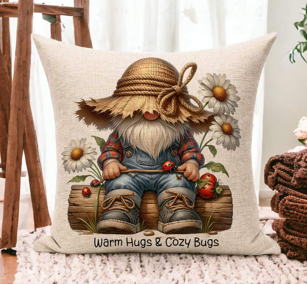A farmhouse-style gnome pillow featuring a cute gnome with a rustic straw hat, sitting on a log, surrounded by daisies and ladybugs, with the text "Nature’s Little Wonders". The 18x18-inch pillow is available in white canvas or beige linen, with a hidden zipper closure, perfect for cottagecore, farmhouse, and nature-inspired home decor - Personalized Kreation