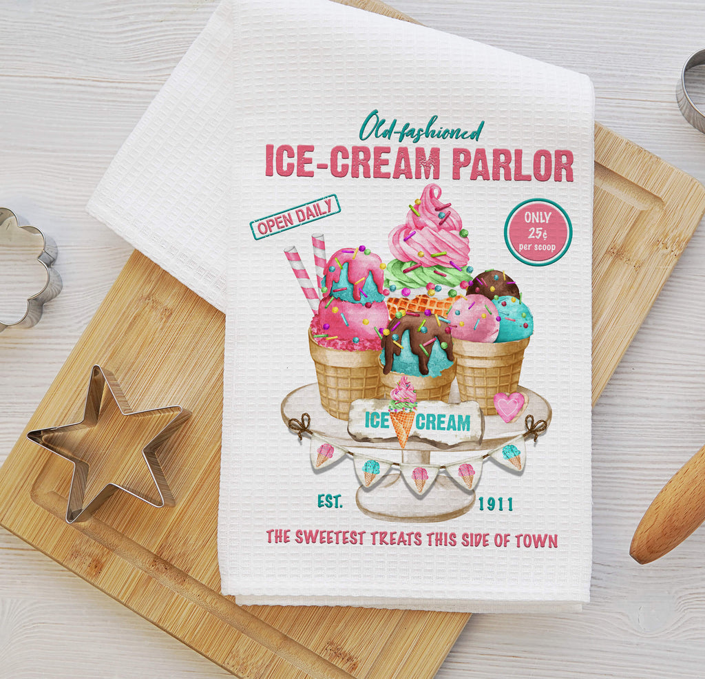 Vintage ice cream kitchen towels featuring retro ice cream parlor designs, pastel colors, and sweet shoppe decor. Made from absorbent waffle weave fabric, perfect for farmhouse kitchens, dessert lovers, and nostalgic kitchen accessories.