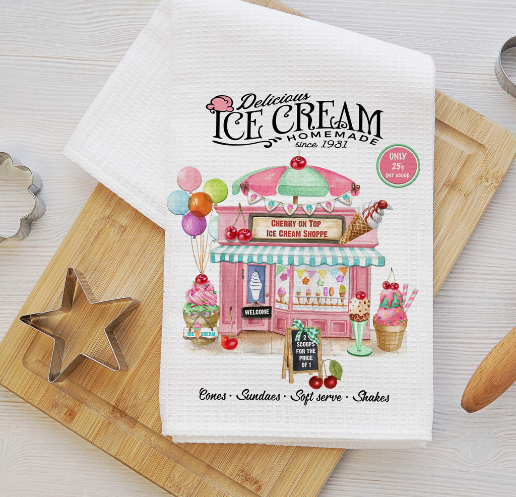 Vintage ice cream kitchen towels featuring retro ice cream parlor designs, pastel colors, and sweet shoppe decor. Made from absorbent waffle weave fabric, perfect for farmhouse kitchens, dessert lovers, and nostalgic kitchen accessories