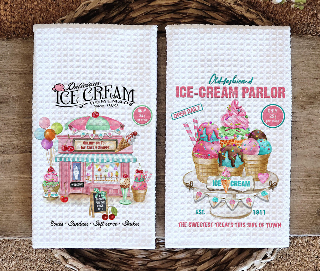 Vintage ice cream kitchen towels featuring retro ice cream parlor designs, pastel colors, and sweet shoppe decor. Made from absorbent waffle weave fabric, perfect for farmhouse kitchens, dessert lovers, and nostalgic kitchen accessories - Personalized Kreation