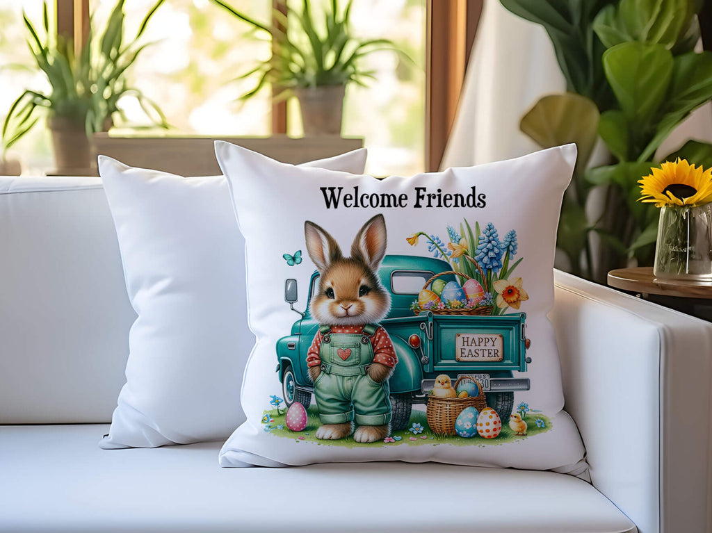 Personalized Easter Bunny Truck Pillow with Custom Name, Spring Farmhouse Decor, Vintage Teal Truck with Easter Eggs and Flowers, Cozy Seasonal Throw Pillow, Rustic Easter Home Accent - Personalized Kreation