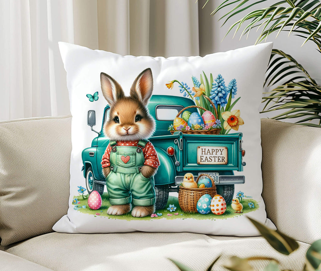 Personalized Easter Bunny Truck Pillow with Custom Name, Spring Farmhouse Decor, Vintage Teal Truck with Easter Eggs and Flowers, Cozy Seasonal Throw Pillow, Rustic Easter Home Accent - Personalized Kreation