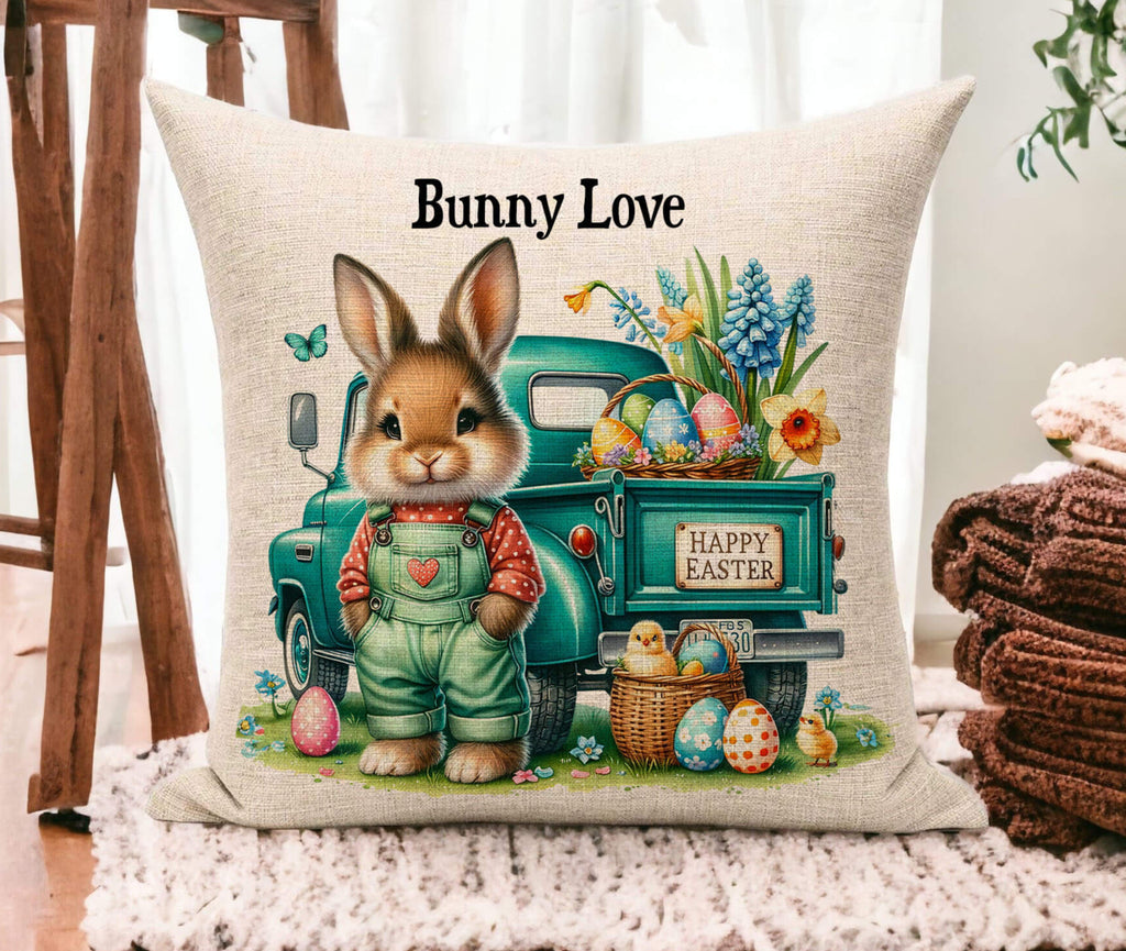 Personalized Easter Bunny Truck Pillow with Custom Name, Spring Farmhouse Decor, Vintage Teal Truck with Easter Eggs and Flowers, Cozy Seasonal Throw Pillow, Rustic Easter Home Accent - Personalized Kreation 