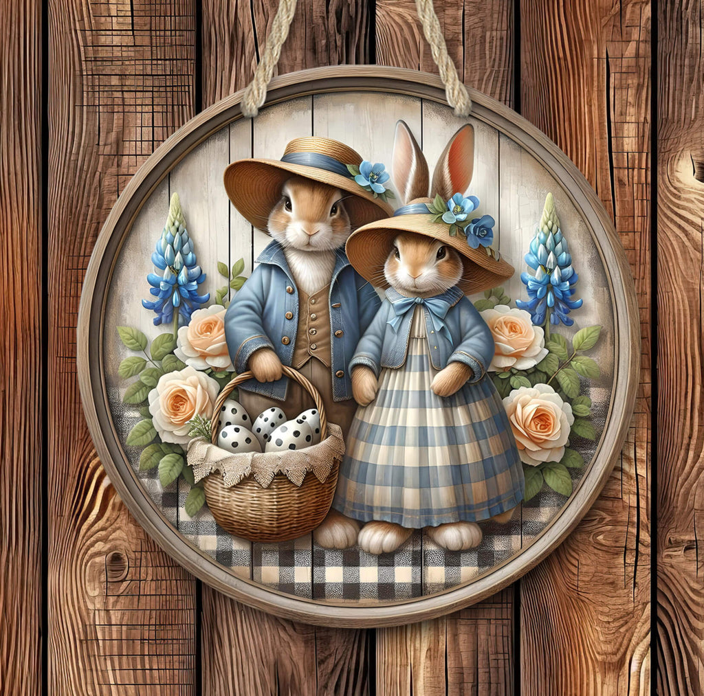 A vintage-style Easter bunny sign featuring a charming bunny couple in blue outfits, holding a basket of Easter eggs, surrounded by flowers, on a wooden background. This rustic farmhouse-style wall art is perfect for Easter, spring, and cottagecore decor - Personalized Kreation