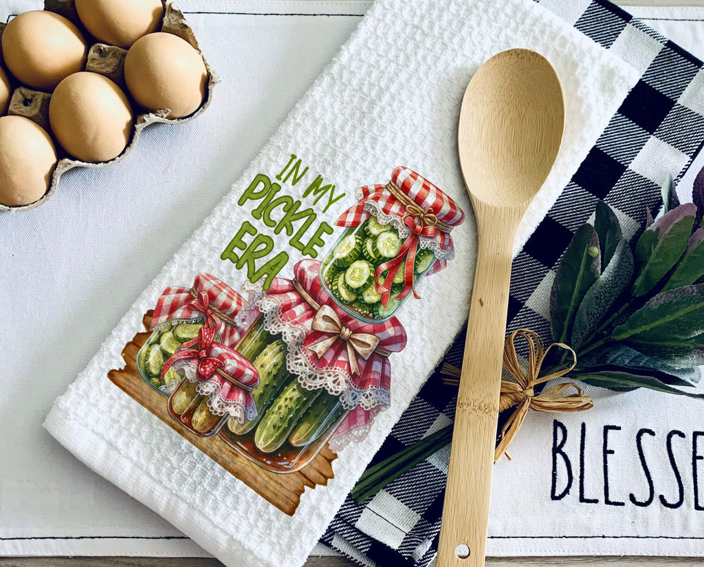 funny vintage-style kitchen towel featuring pickle jars with lace and gingham details, perfect for farmhouse decor, quirky kitchen gifts, or pickle lovers. made from high-quality cotton, eco-friendly, machine washable, and ideal for everyday use - Personalized Kreation