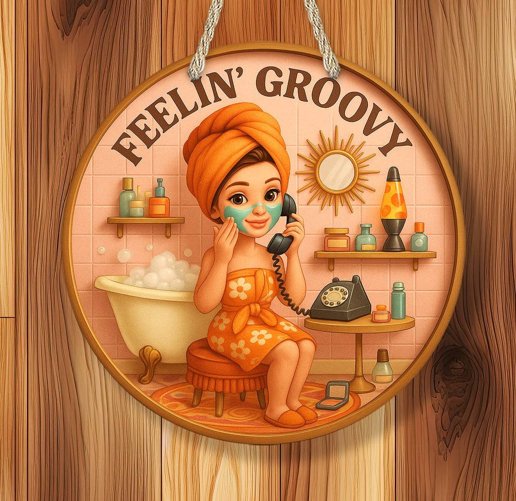 Illustration of a woman in a retro bathroom with 'Feelin' Groovy' text.
