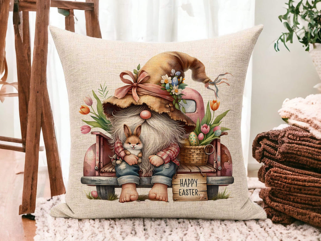 Easter Gnome Pillow with Vintage Pink Truck and Bunny – Spring Farmhouse Decor, Seasonal Throw Pillow, Cozy Home Accent, Rustic Easter Decoration, Soft Cushion Cover, Festive Holiday Gift - Personalized Kreaton