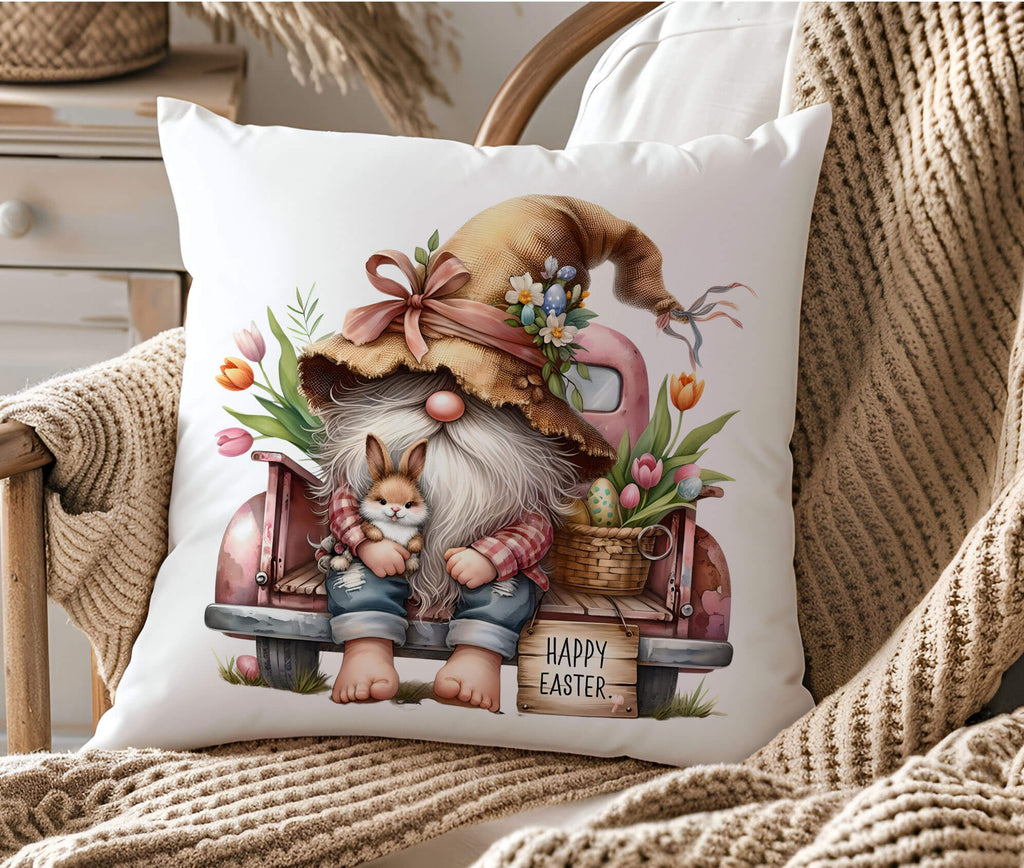 Easter Gnome Pillow with Vintage Pink Truck and Bunny – Spring Farmhouse Decor, Seasonal Throw Pillow, Cozy Home Accent, Rustic Easter Decoration, Soft Cushion Cover, Festive Holiday Gift - Personalized Kreation