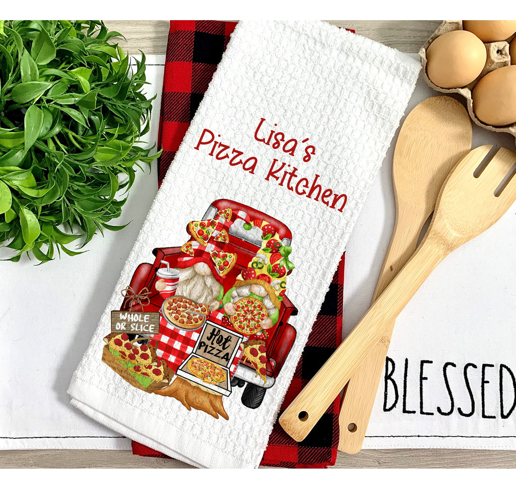 Personalized Pizza Kitchen Hand Towel | Custom Kitchen Decor | Cute Gnome Pizza Towels | Funny Kitchen Towels | Housewarming Gift