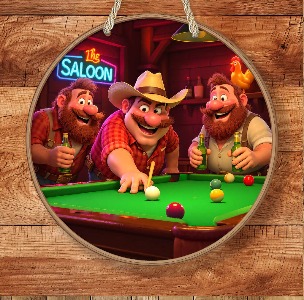 Cartoon characters playing pool in a saloon with a neon sign in the background.