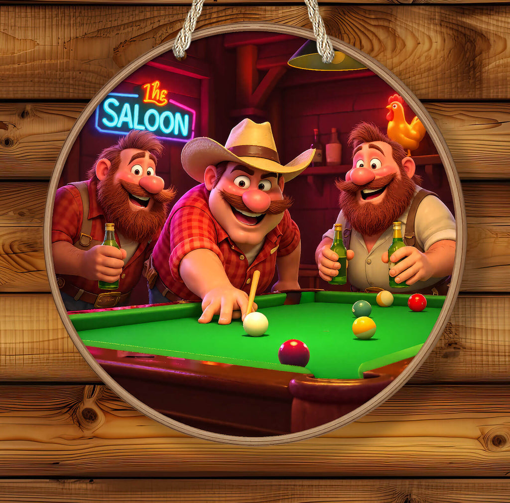 Cartoon characters playing pool in a saloon with a neon sign in the background.