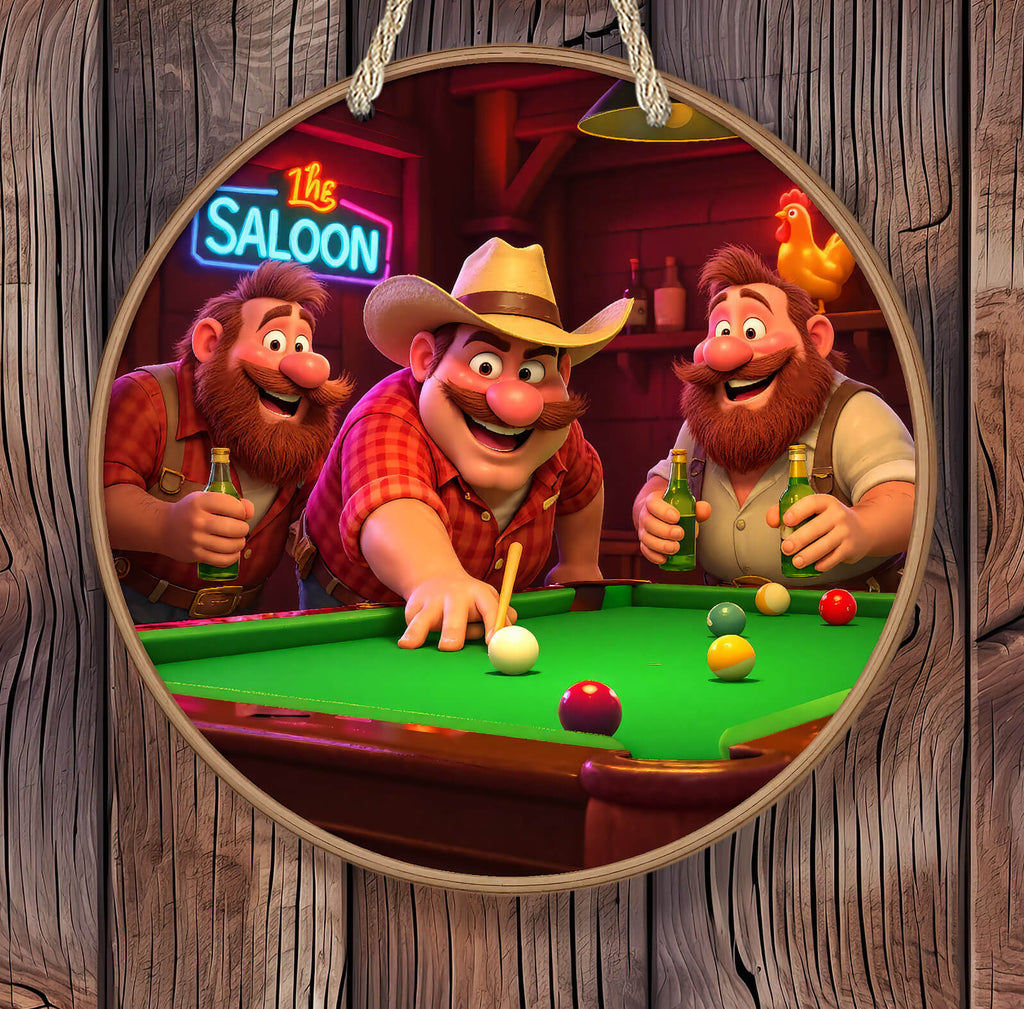 Three animated cowboys playing pool in a saloon with a neon sign in the background.