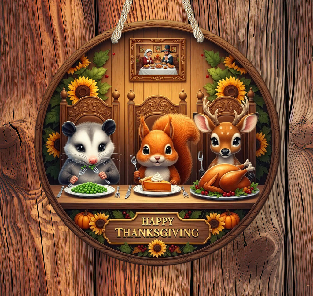 Wooden plaque with animals enjoying a Thanksgiving meal, surrounded by autumn decorations.