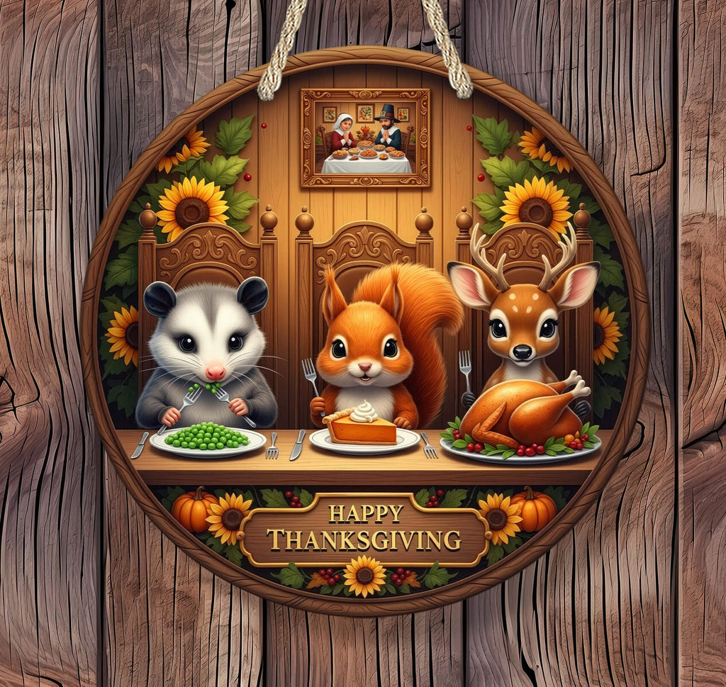 Illustration of animals enjoying a Thanksgiving meal with 'Happy Thanksgiving' text on a wooden background.