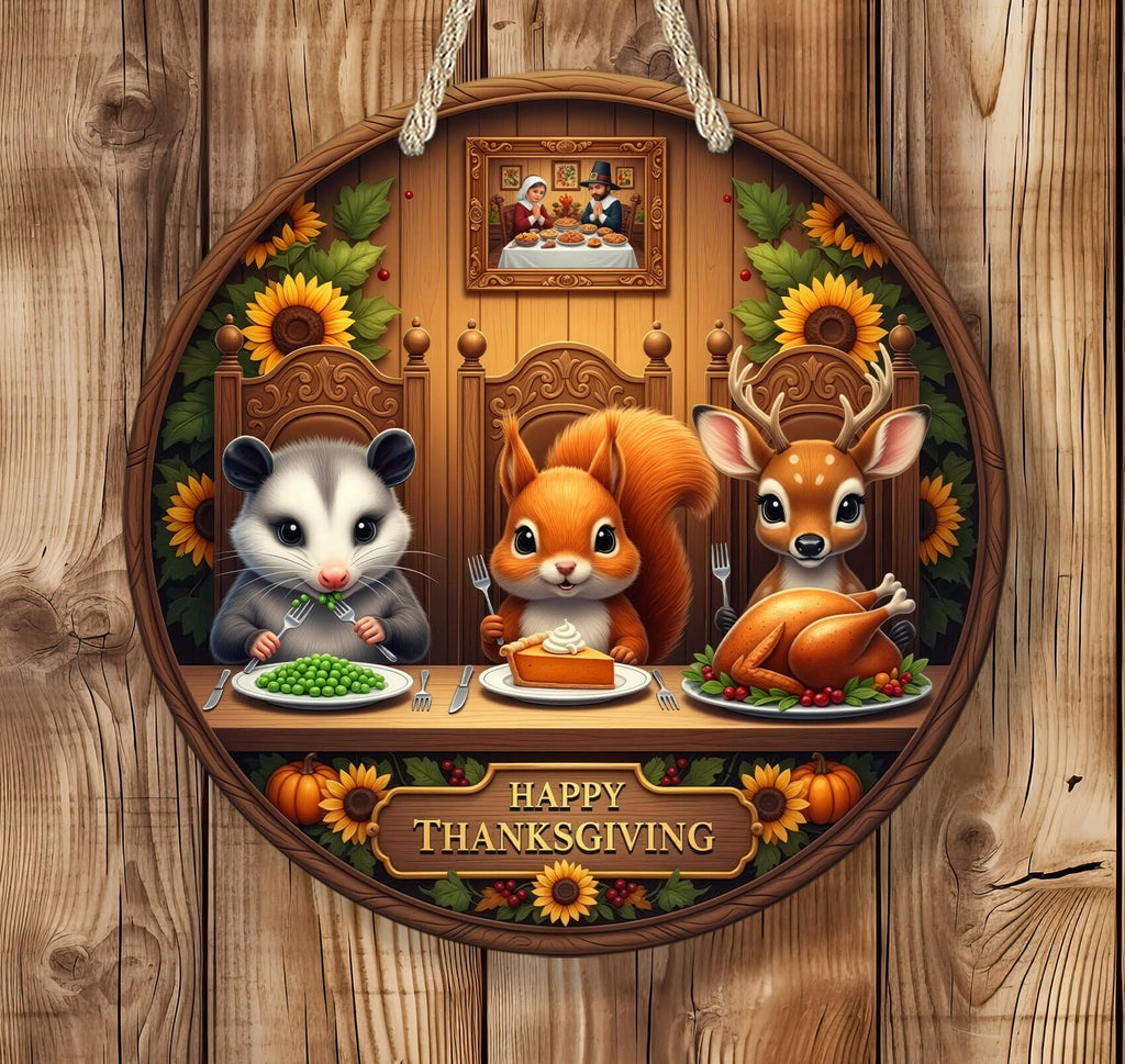Illustration of animals enjoying a Thanksgiving meal with 'Happy Thanksgiving' text on a wooden background.