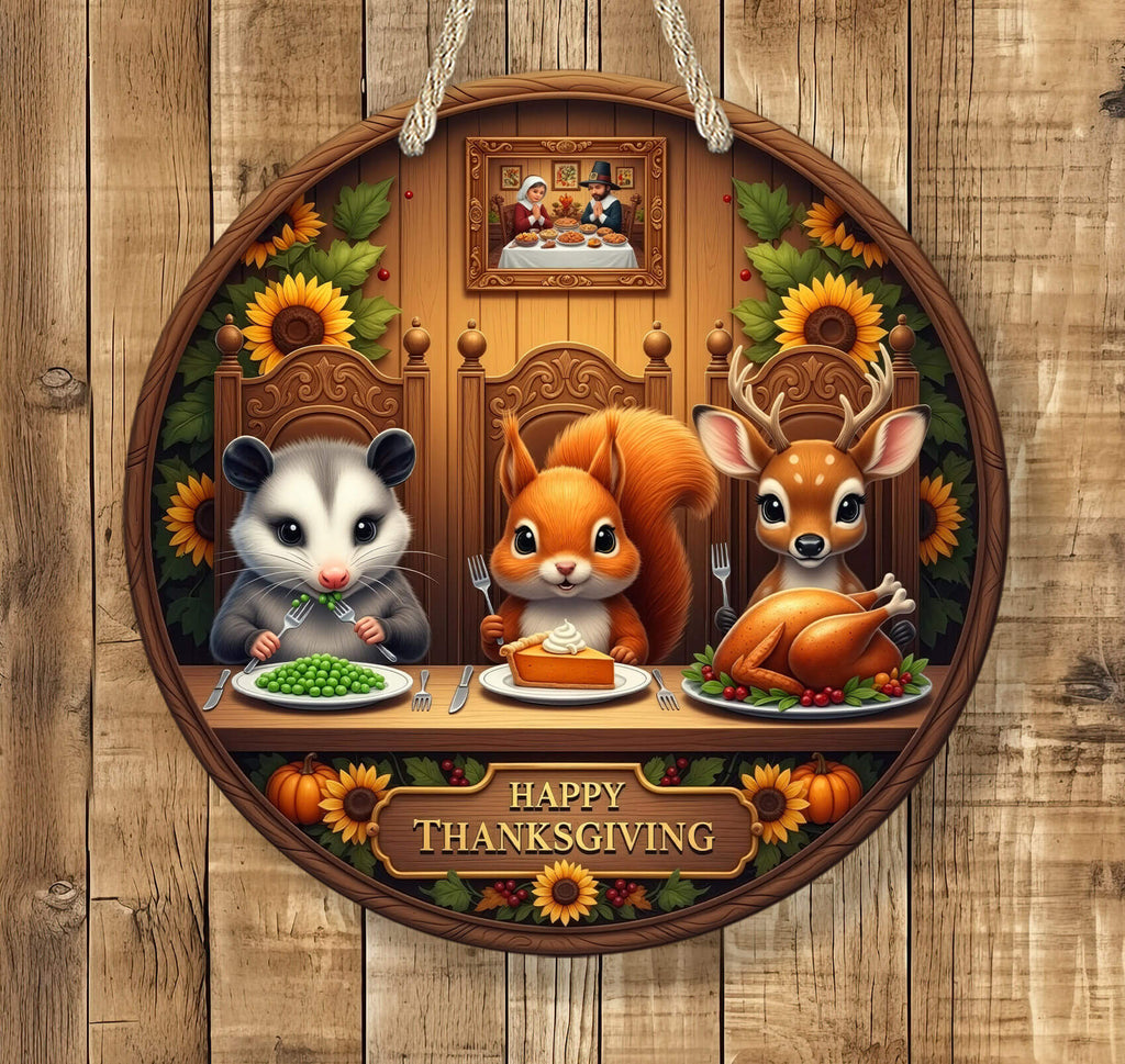Wooden plaque with animals enjoying a Thanksgiving meal on a wooden background