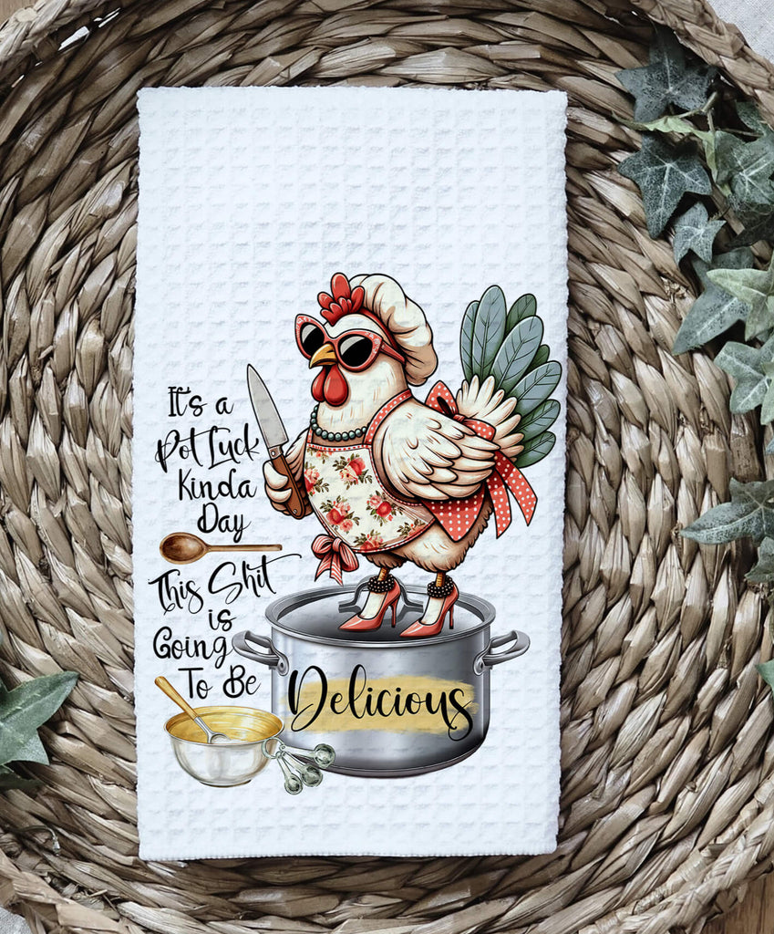 Funny Potluck Kitchen Towel featuring a stylish chicken chef standing on a pot, wearing sunglasses and an apron. Perfect for farmhouse kitchen decor, food lovers, and potluck gatherings. High-quality, absorbent, and machine washable dish towel for home and gift giving - Personalized Kreation