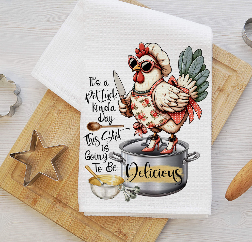 Funny Potluck Kitchen Towel featuring a stylish chicken chef standing on a pot, wearing sunglasses and an apron. Perfect for farmhouse kitchen decor, food lovers, and potluck gatherings. High-quality, absorbent, and machine washable dish towel for home and gift giving - Personalized Kreation