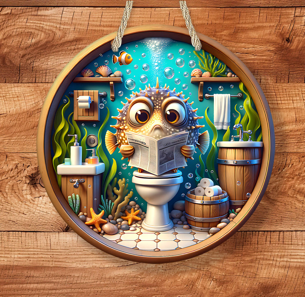 Cartoon fish reading a newspaper in a bathroom setting with wooden frame.