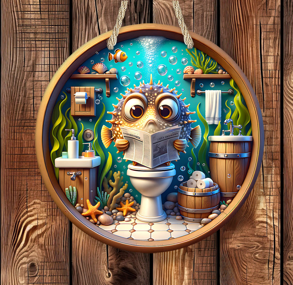 Funny fish reading a newspaper on a toilet with an underwater bathroom theme.