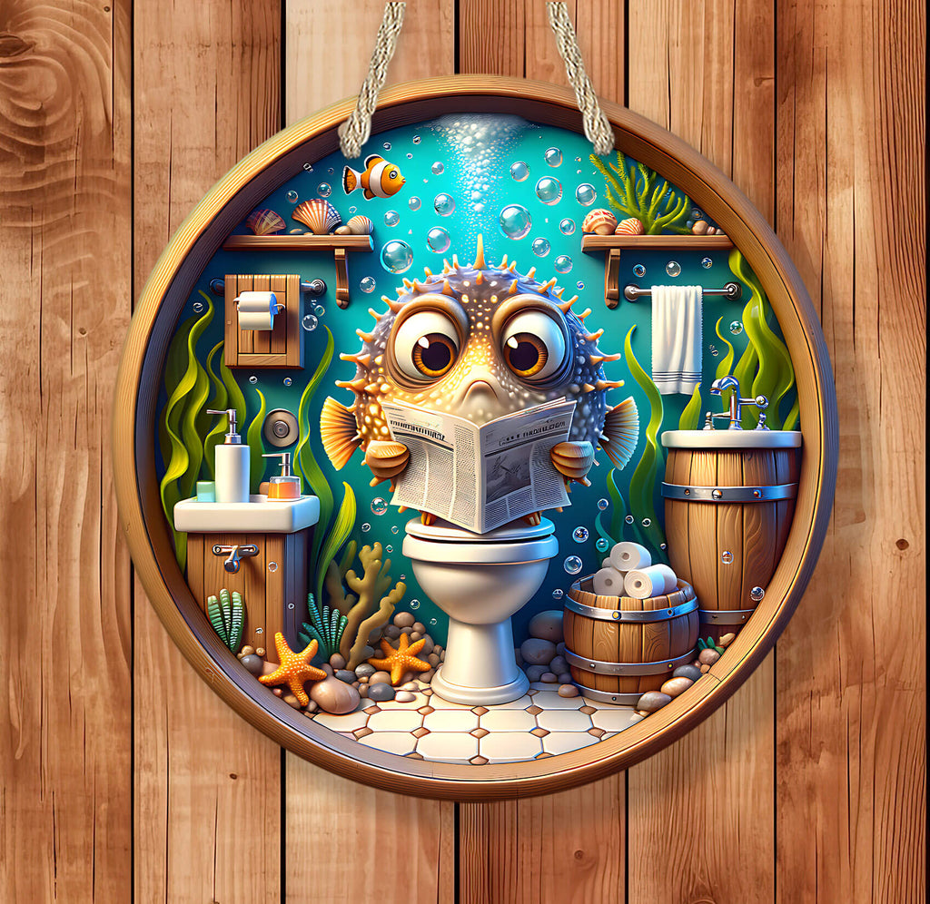 Illustration of a fish reading a newspaper on a toilet in an underwater bathroom setting.