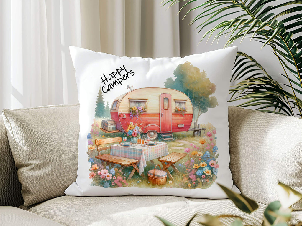 18x18 inch throw pillow featuring a colorful watercolor-style illustration of a camping trailer surrounded by tall pine trees, two striped camp chairs, and a glowing fire pit, with the text Happy Campers printed on it perfect for RV life decor or camping gifts - Personalized Kreation