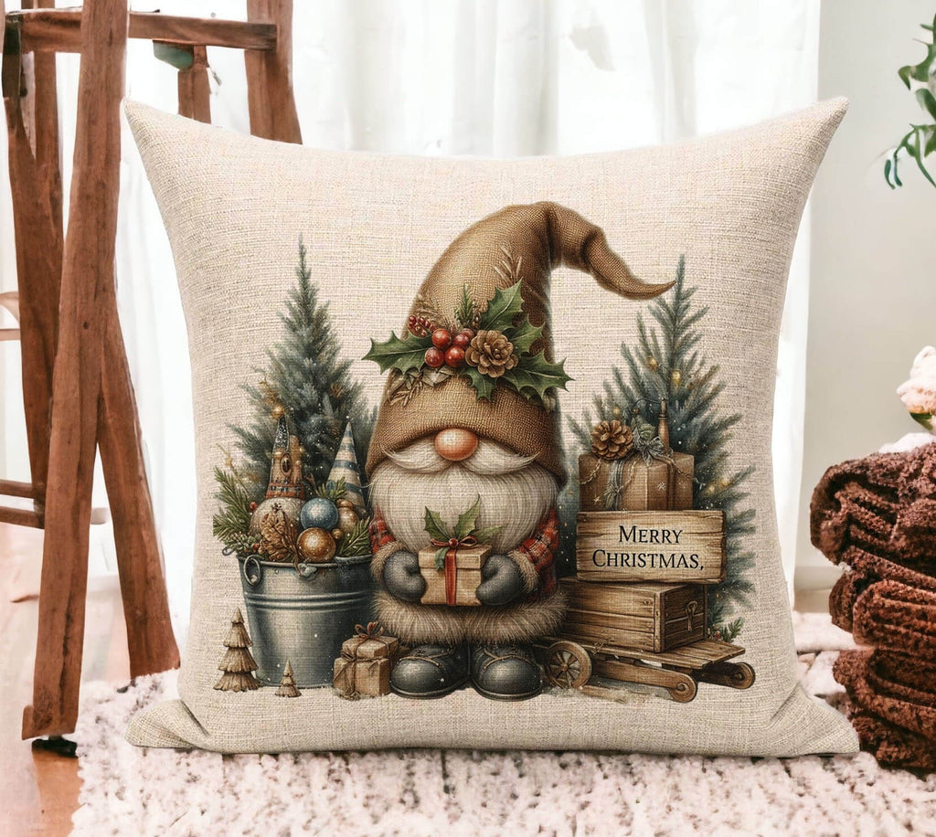 Decorative pillow with a Christmas gnome design featuring trees and presents.