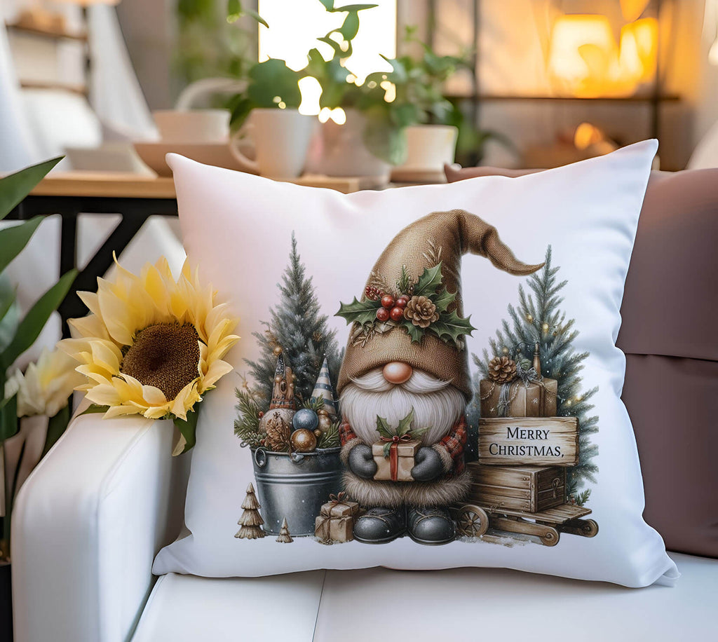Decorative pillow with a Christmas gnome design on a couch.
