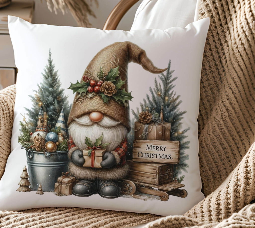Decorative pillow with a Christmas gnome design on a textured surface.