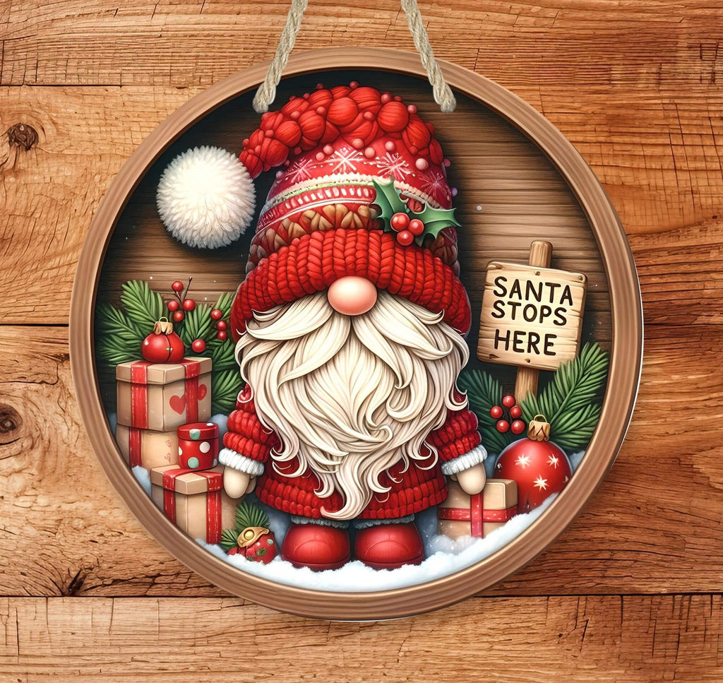 Santa Stops Here Gnome Door Hanger | Holiday Gnome Decor | Cute Gnome Holiday Sign