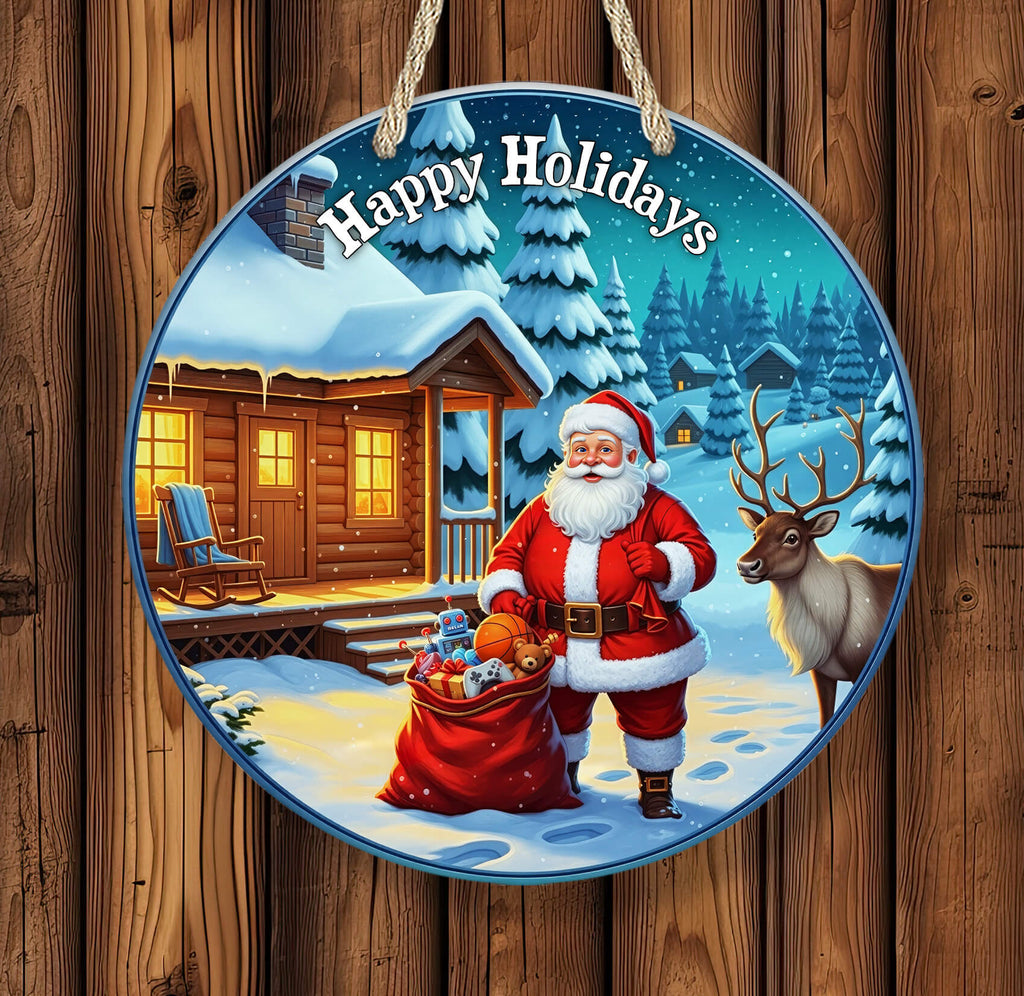 Decorative plate with Santa Claus, reindeer, and a snowy cabin scene on a wooden background.