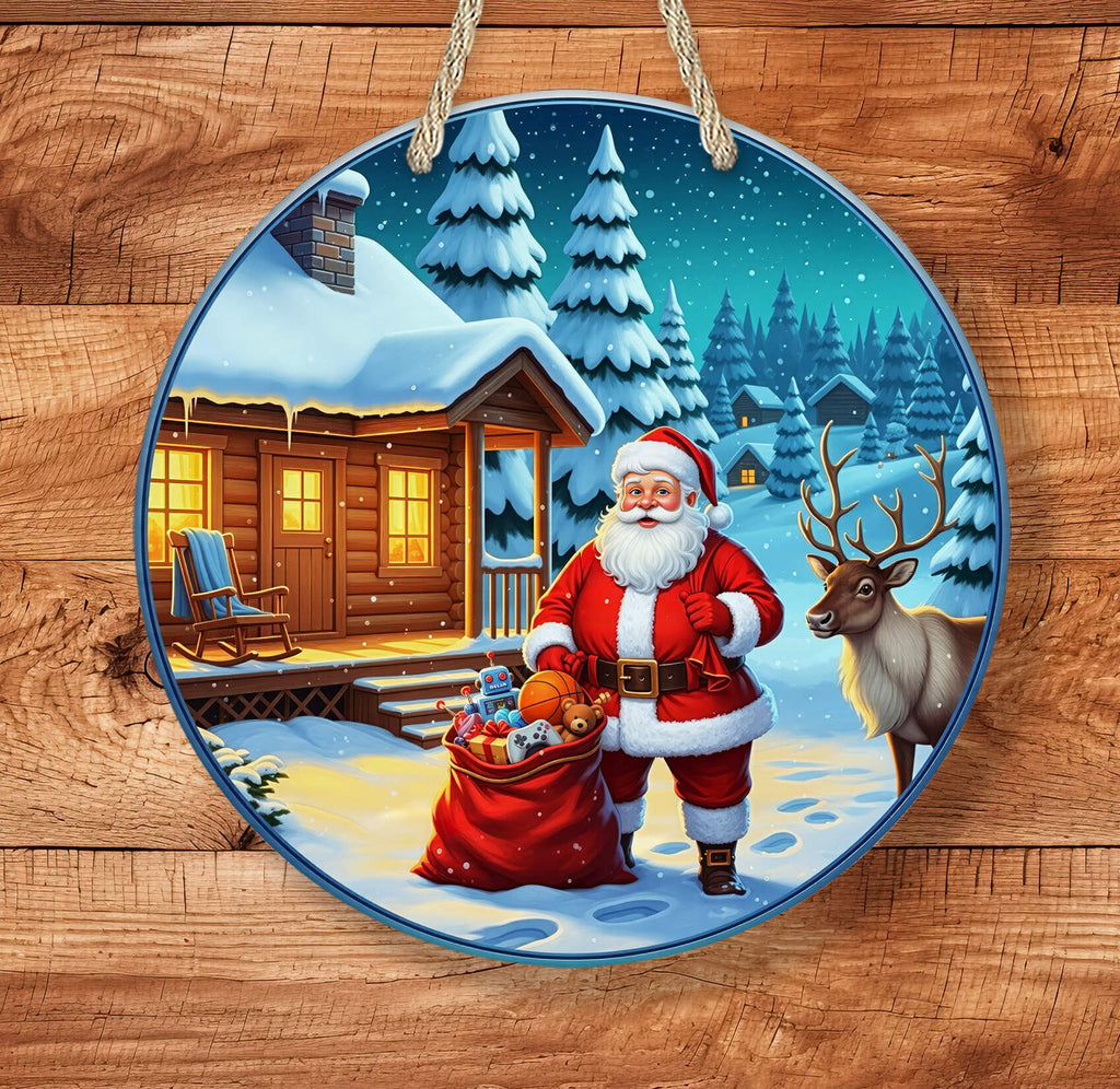 Decorative plate with Santa Claus and reindeer in a snowy village scene, hanging on a wooden surface.