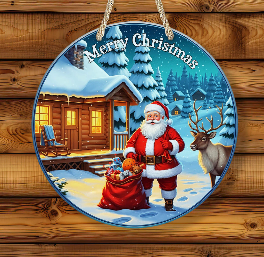 Decorative Christmas plate with Santa Claus, reindeer, and a snowy cabin on a wooden background.