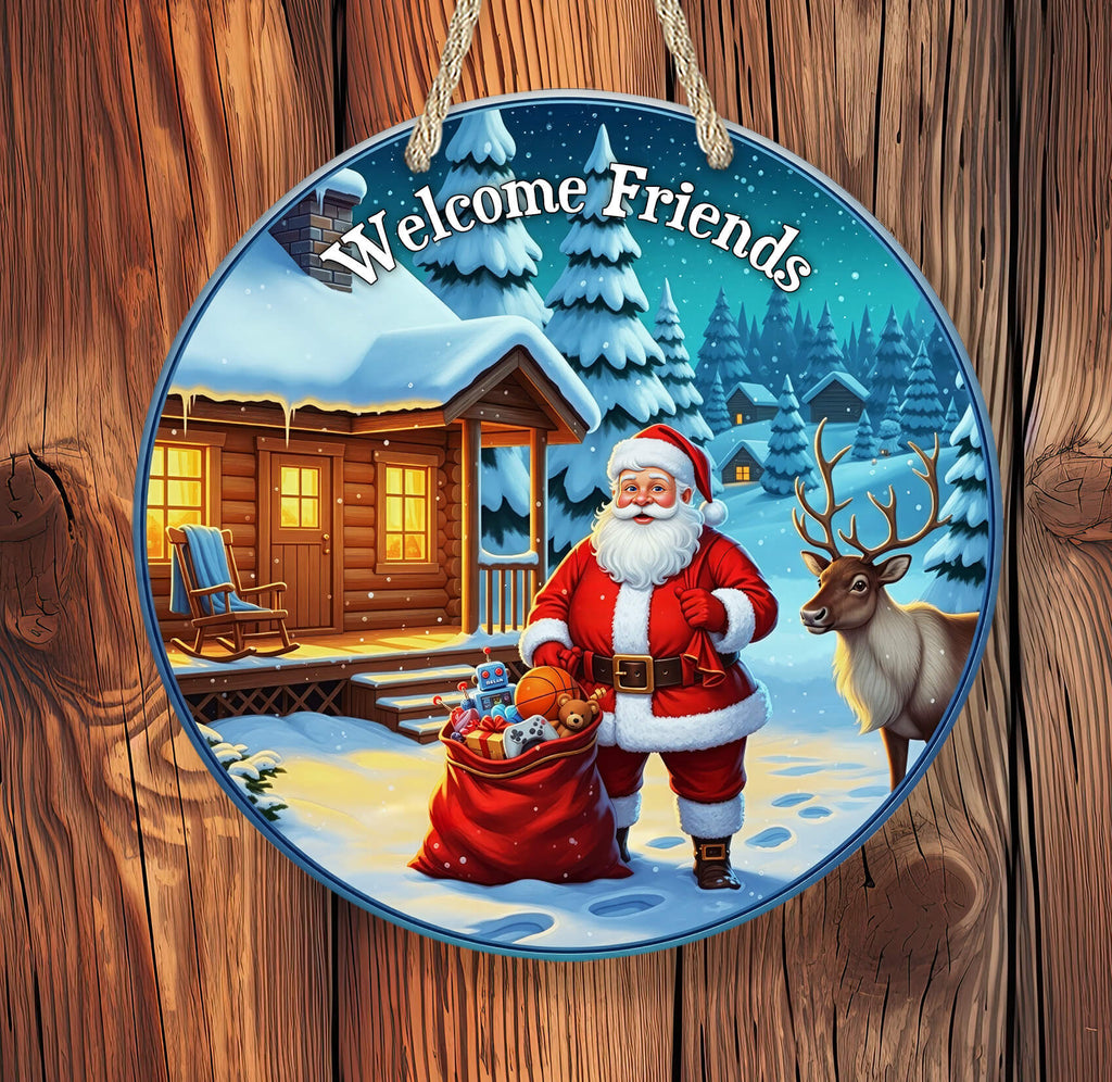 Decorative plate with Santa Claus and reindeer in a snowy landscape, featuring the text 'Welcome Friends'.