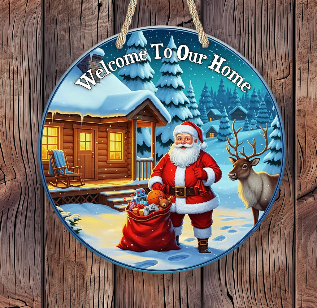 Decorative plate with Santa Claus and reindeer in a snowy scene, featuring the text 'Welcome To Our Home'.
