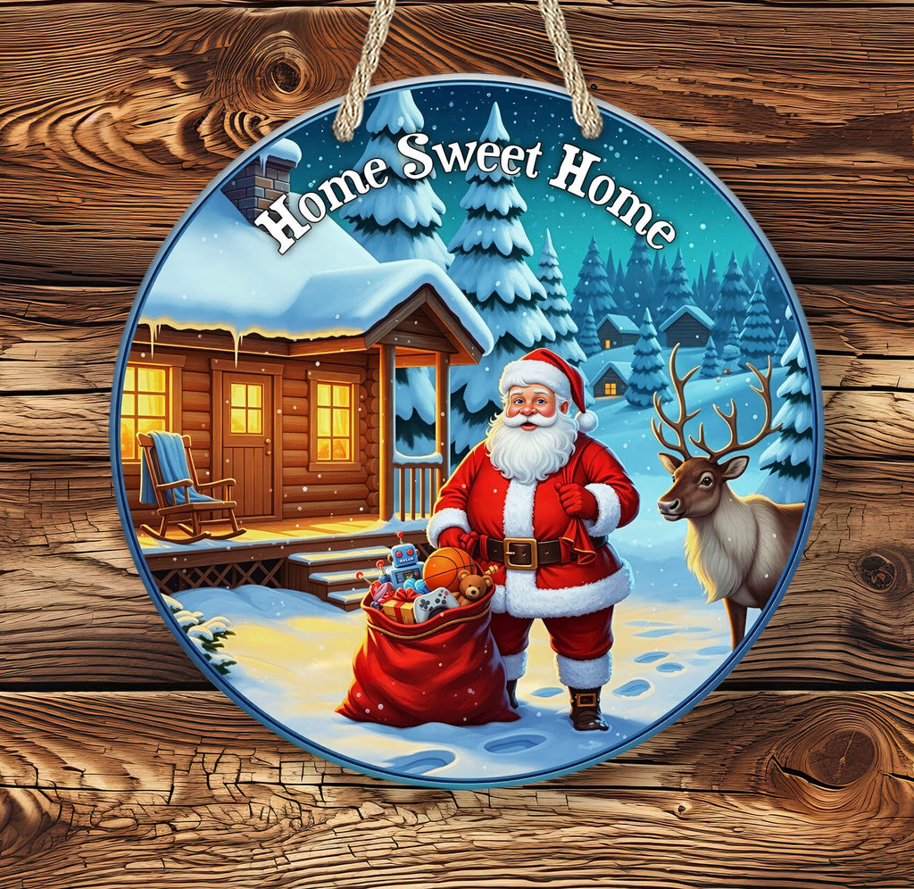 Decorative plate with Santa Claus, reindeer, and a cabin in a snowy landscape on a wooden background.